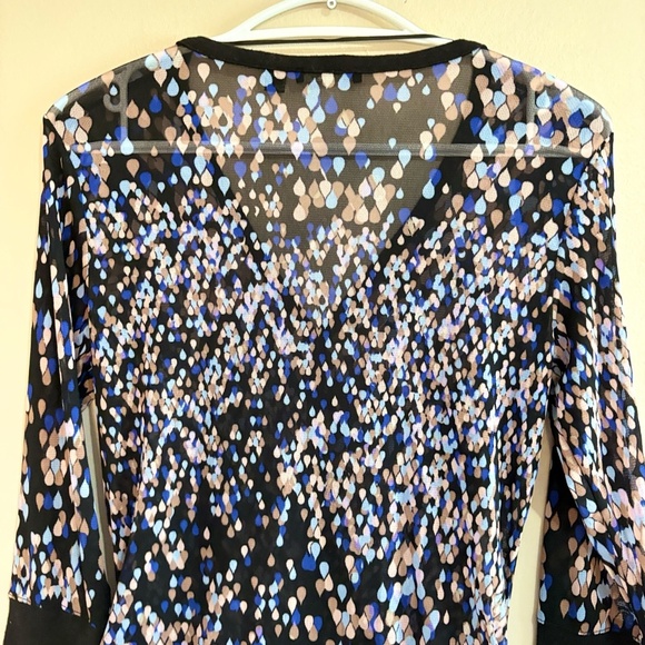 Mexx Mesh Black Blue & Lilac Pattern 3/4 Sleeve Ruched Button Up Blouse - Picture 12 of 14